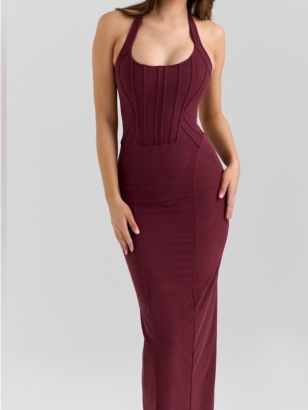 House of CB Burgundy Halter Corset Maxi Dress